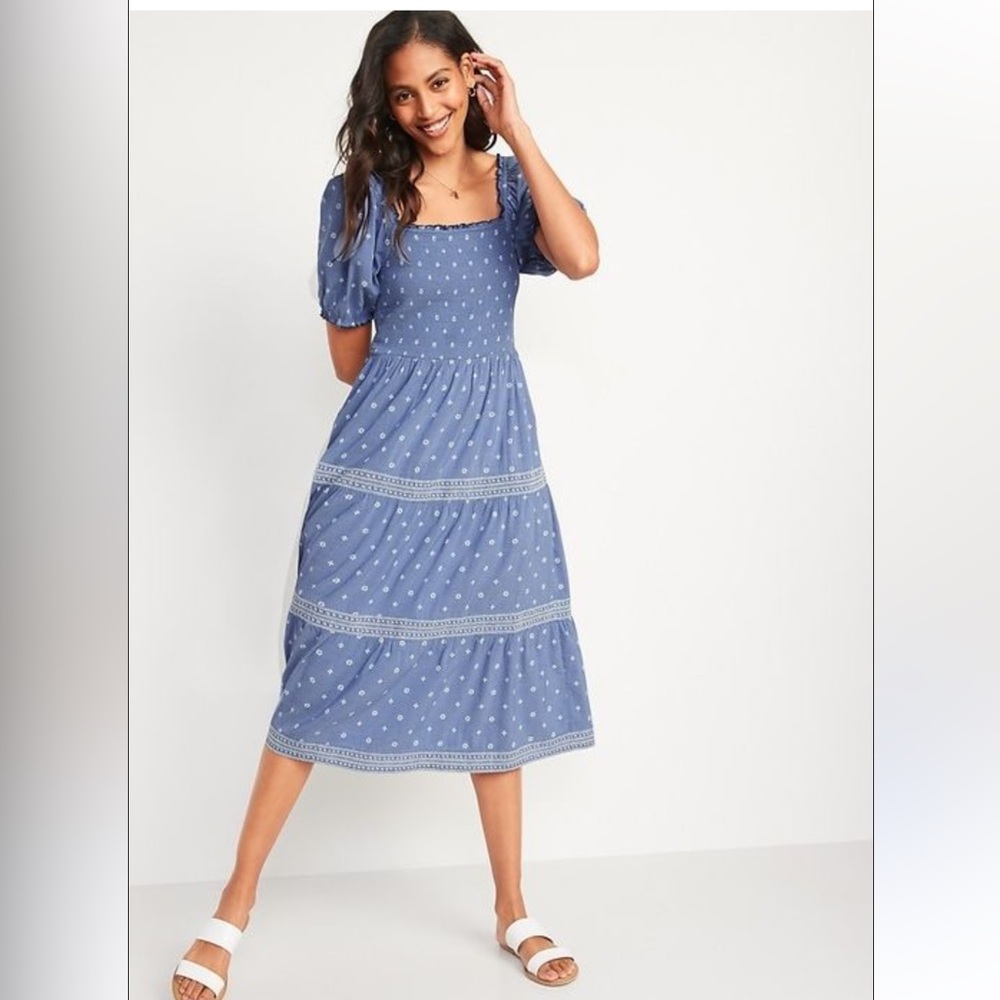 Old Navy Smocked Printed Embroidered Fit and Flare Midi Dress